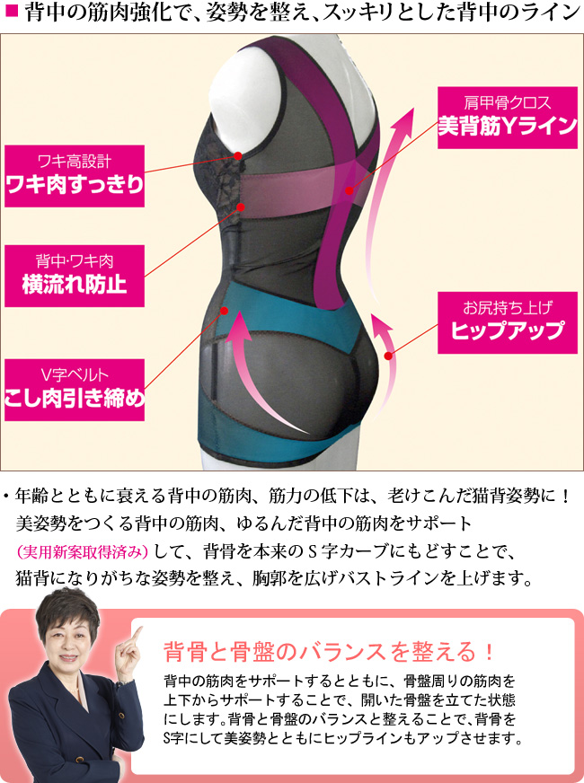 土井千鶴の美姿勢リフトアップシェイパー（総レースタイプ）、肩甲骨を引き寄せ、背筋を伸ばして美しい姿勢に整えるストレスレス設計